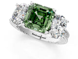 Platinum Three-Stone Fancy Green Asscher  Diamond Milgrain Pave Band with Prong Setting 2