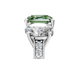 Platinum Three-Stone Fancy Green Asscher  Diamond Milgrain Pave Band with Prong Setting