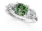Platinum Three-Stone Fancy Green Cushion  Brilliant Cut Solitaire Ring with Prong Setting on a Classic Band 1