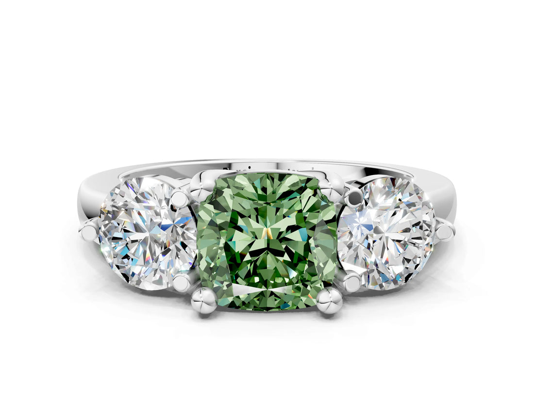 Platinum Three-Stone Fancy Green Cushion  Brilliant Cut Solitaire Ring with Prong Setting on a Classic Band