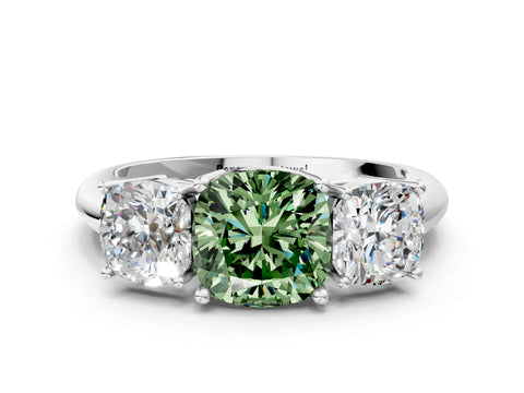 Platinum Three-Stone Fancy Green Cushion Cut Cut Diamond Engagement Ring with Prong Setting on a White Gold Band_42