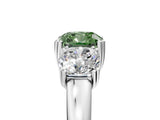 Platinum Three-Stone Fancy Green Cushion Cut Cut Diamond Ring with Channel Set Band and Four-Prong Setting_29