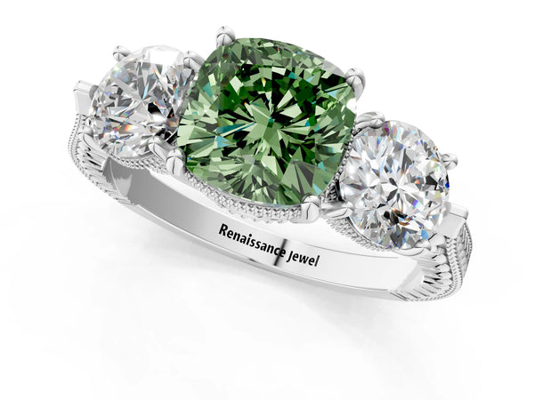 Platinum Cushion Cut Vintage Three Stone Engagement Ring Setting for Fancy Green Center