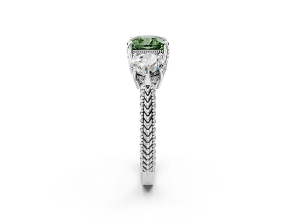 Platinum Cushion Cut Vintage Three Stone Engagement Ring Setting for Fancy Green Center