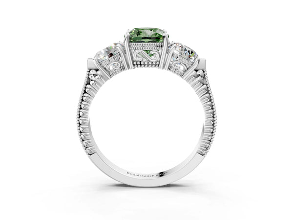 Platinum Cushion Cut Vintage Three Stone Engagement Ring Setting for Fancy Green Center