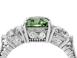 Platinum Three-Stone Fancy Green Cushion Cut Cut Milgrain Band Prong Setting Ring_58