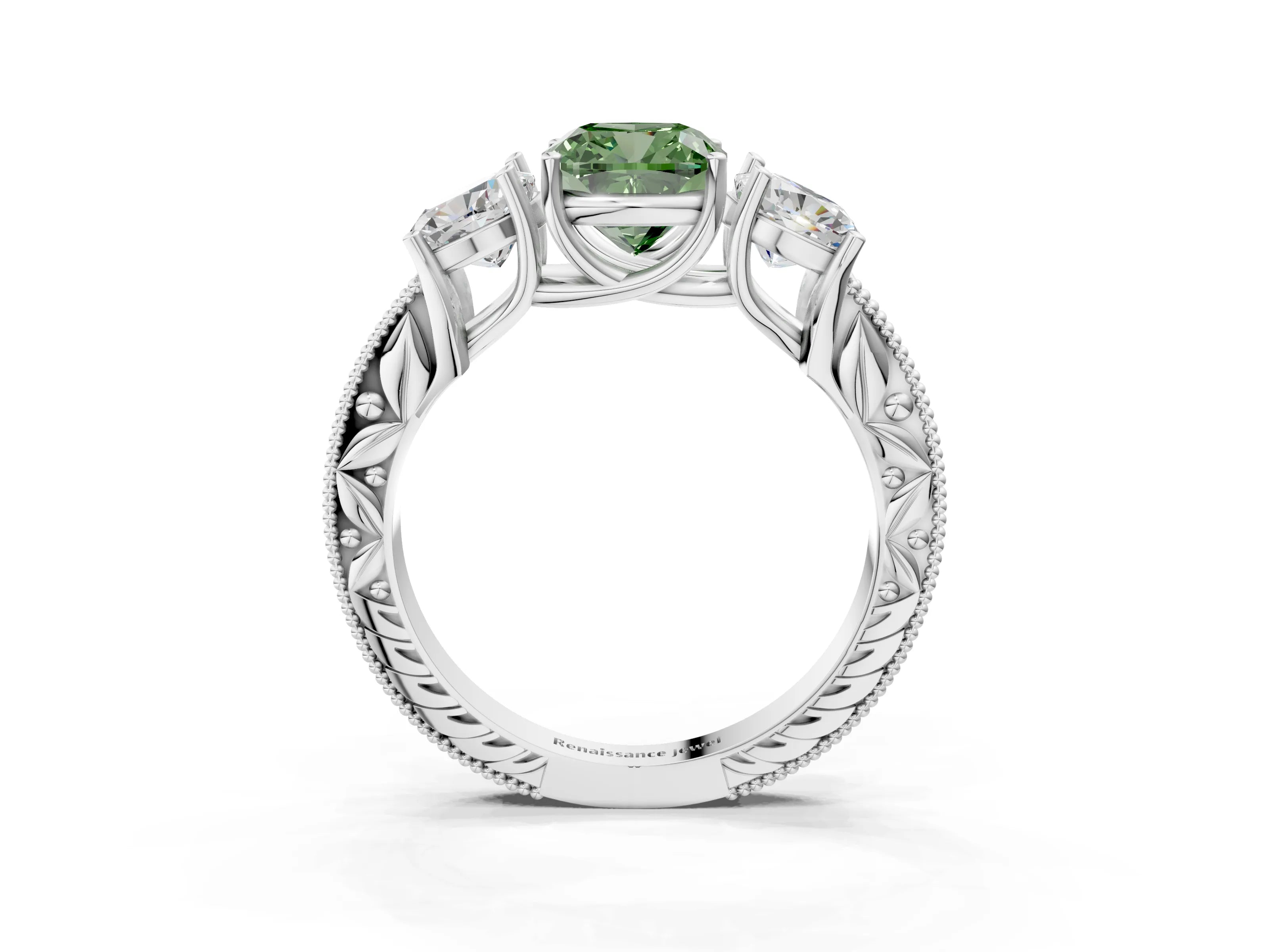 Platinum Three-Stone Fancy Green Cushion Cut Cut Milgrain Pavé Engagement Ring_27