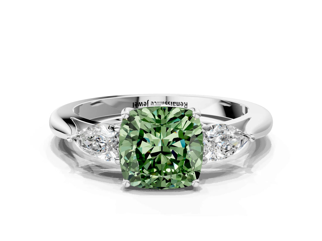 Platinum Three-Stone Fancy Green Cushion Cut Diamond Ring with Pear  Side Stones in Four-Prong Setting_12