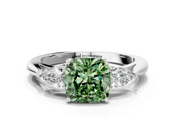 Platinum Cushion Cut Engagement Ring Setting for Fancy Green Center with Pear Side Stones