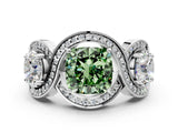 Platinum Three-Stone Fancy Green Cushion Cut Diamond Wave Pave Band with Prong Setting_78