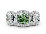 Platinum Three-Stone Fancy Green Cushion Cut Halo Diamond Milgrain Band with Four-Prong Setting_12