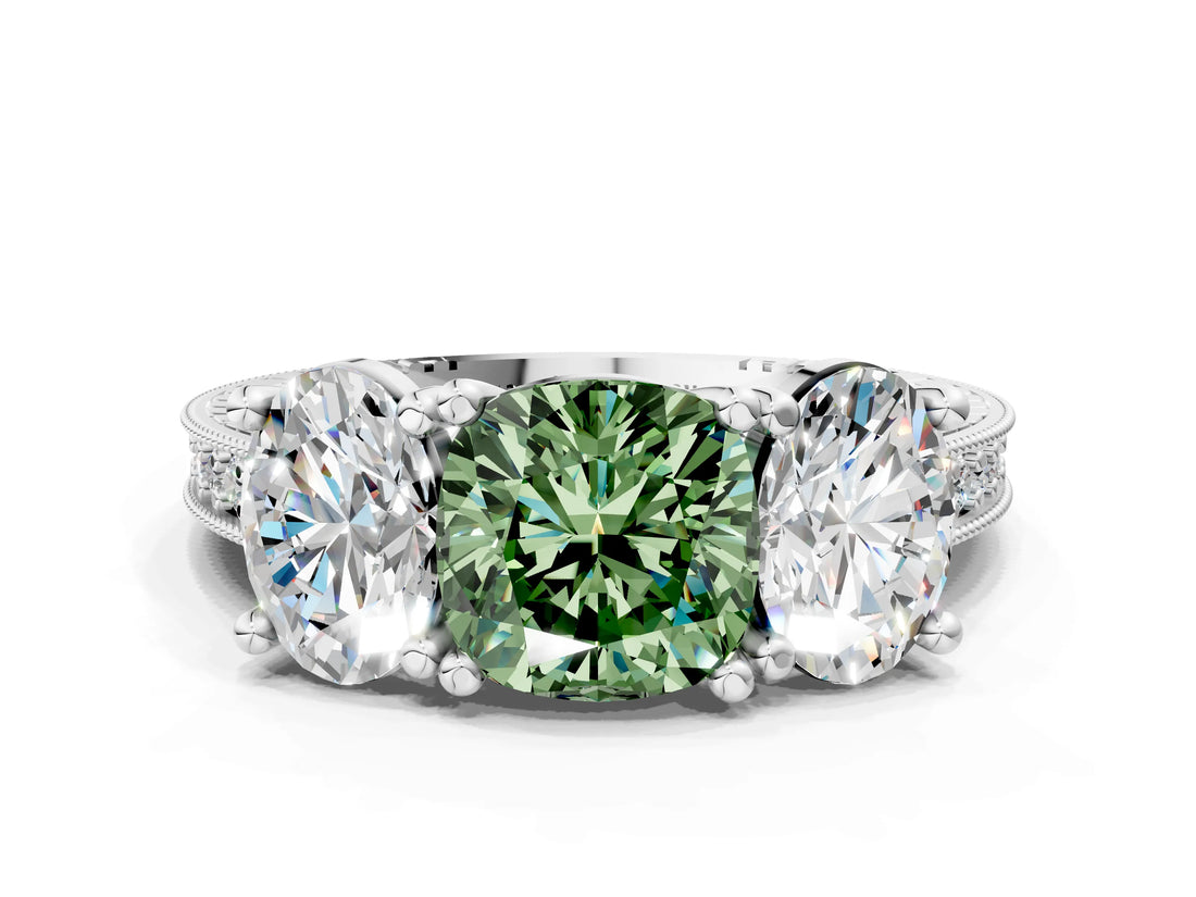 Platinum Three-Stone Fancy Green Cushion  Diamond Milgrain Pave Band with Prong Setting 1