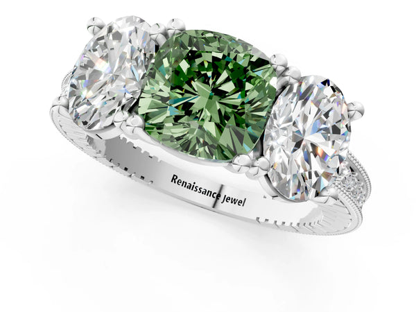 Platinum Three-Stone Fancy Green Cushion  Diamond Milgrain Pave Band with Prong Setting