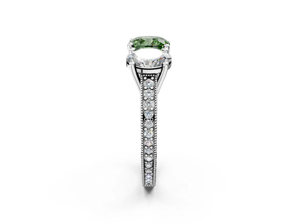 Platinum Three-Stone Fancy Green Cushion  Diamond Milgrain Pave Band with Prong Setting
