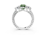 Platinum Three-Stone Fancy Green Cushion  Diamond Milgrain Pave Band with Prong Setting 4