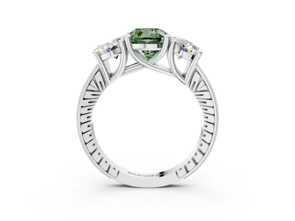 Platinum Three-Stone Fancy Green Cushion  Diamond Milgrain Pave Band with Prong Setting