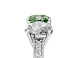 Platinum Three-Stone Fancy Green Cushion  Diamond Milgrain Pave Band with Prong Setting