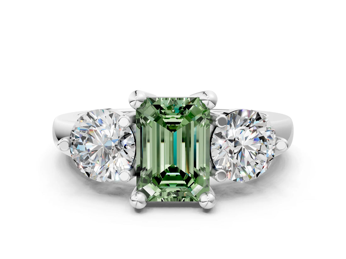 Platinum Three-Stone Fancy Green Emerald  Brilliant Cut Solitaire Ring with Prong Setting on a Classic Band 1