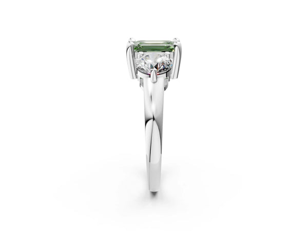 Platinum Three-Stone Fancy Green Emerald  Brilliant Cut Solitaire Ring with Prong Setting on a Classic Band