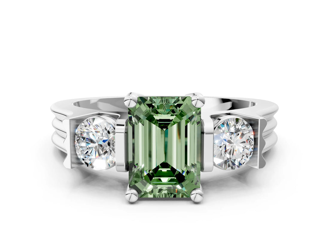 Platinum Three-Stone Fancy Green Emerald Cut Cut Classic Band Prong Setting Ring_6