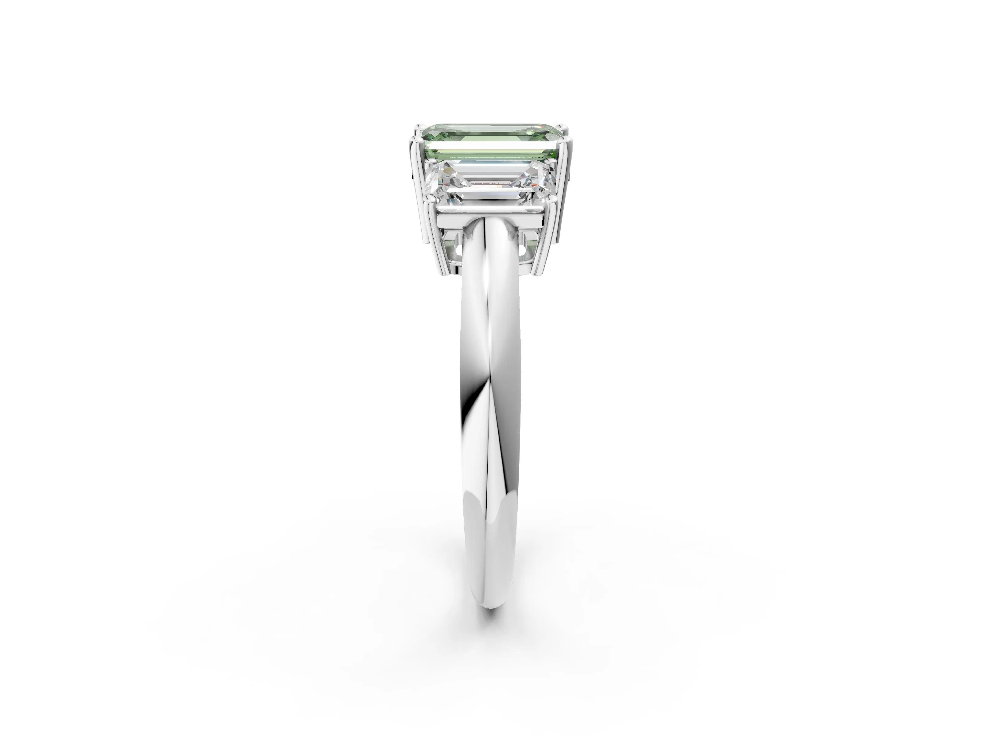 Platinum Three-Stone Fancy Green Emerald Cut Cut Diamond Engagement Ring with Prong Setting on a White Gold Band_20