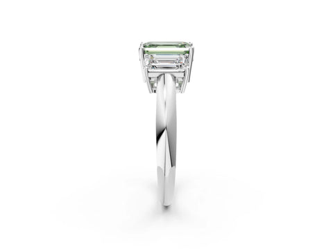 Platinum Three-Stone Fancy Green Emerald Cut Cut Diamond Engagement Ring with Prong Setting on a White Gold Band_20