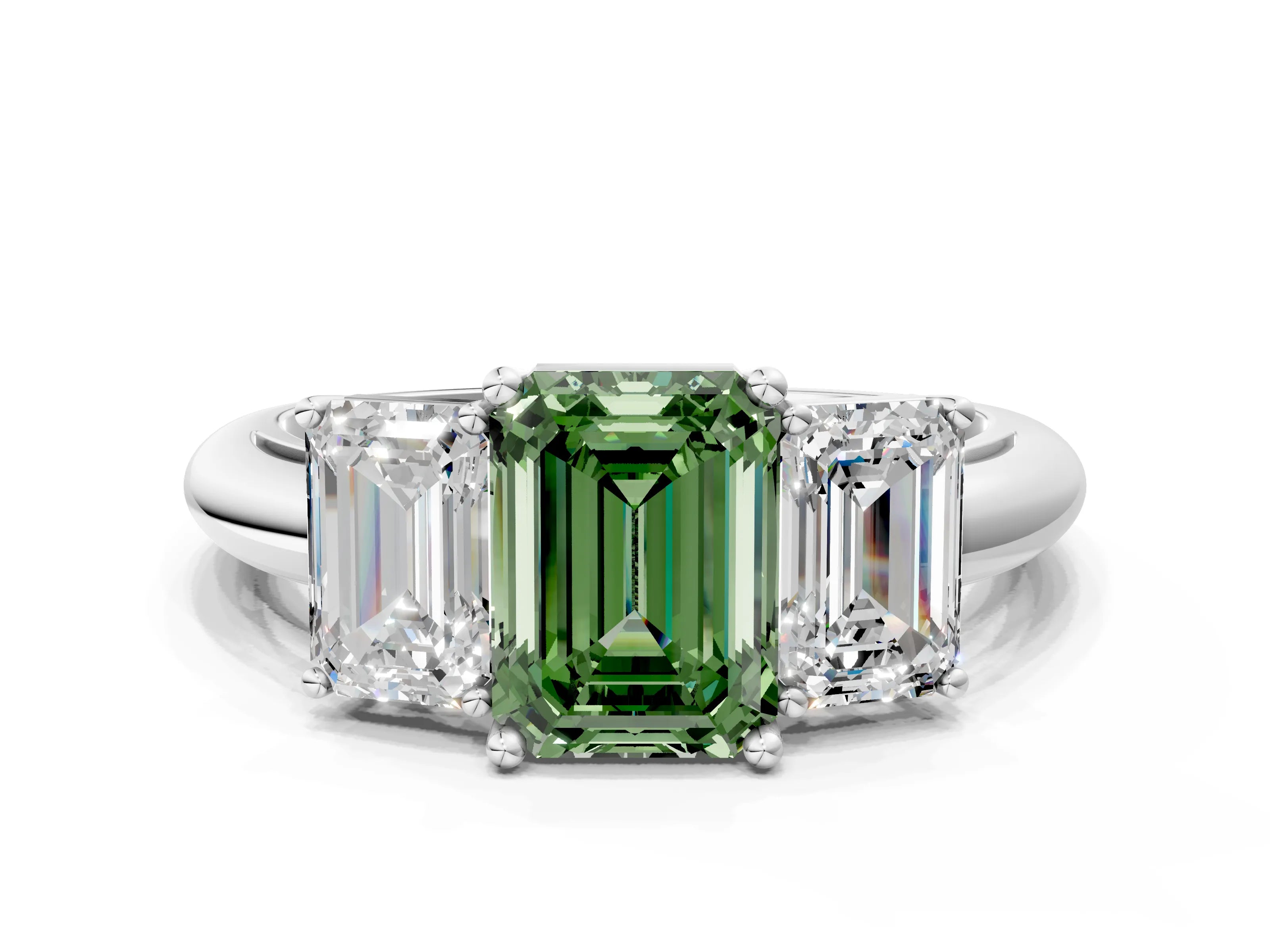 Platinum Three-Stone Fancy Green Emerald Cut Cut Diamond Engagement Ring with Prong Setting on a White Gold Band_48