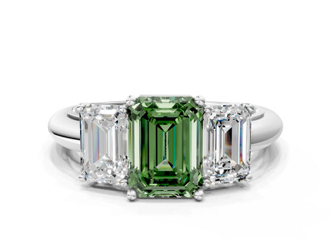 Platinum Three-Stone Fancy Green Emerald Cut Cut Diamond Engagement Ring with Prong Setting on a White Gold Band_48