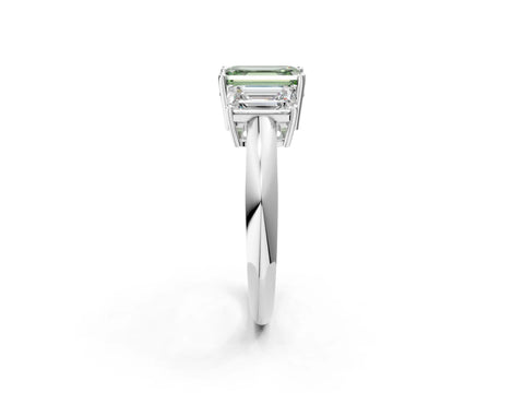 Platinum Three-Stone Fancy Green Emerald Cut Cut Diamond Engagement Ring with Prong Setting on a White Gold Band_50