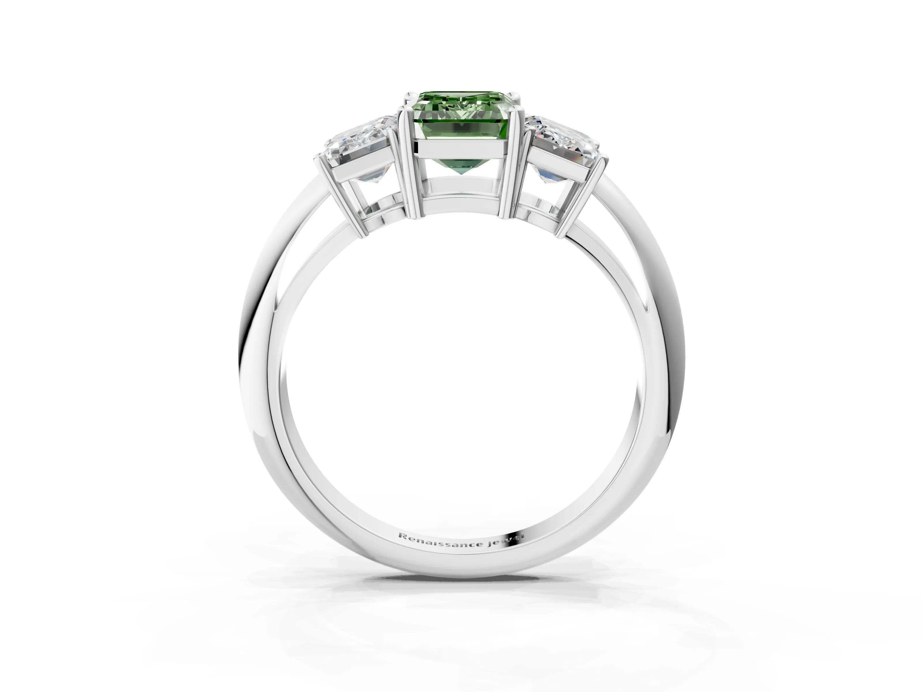 Platinum Three-Stone Fancy Green Emerald Cut Cut Diamond Engagement Ring with Prong Setting on a White Gold Band_51