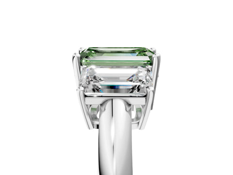 Platinum Three-Stone Fancy Green Emerald Cut Cut Diamond Engagement Ring with Prong Setting on a White Gold Band_53