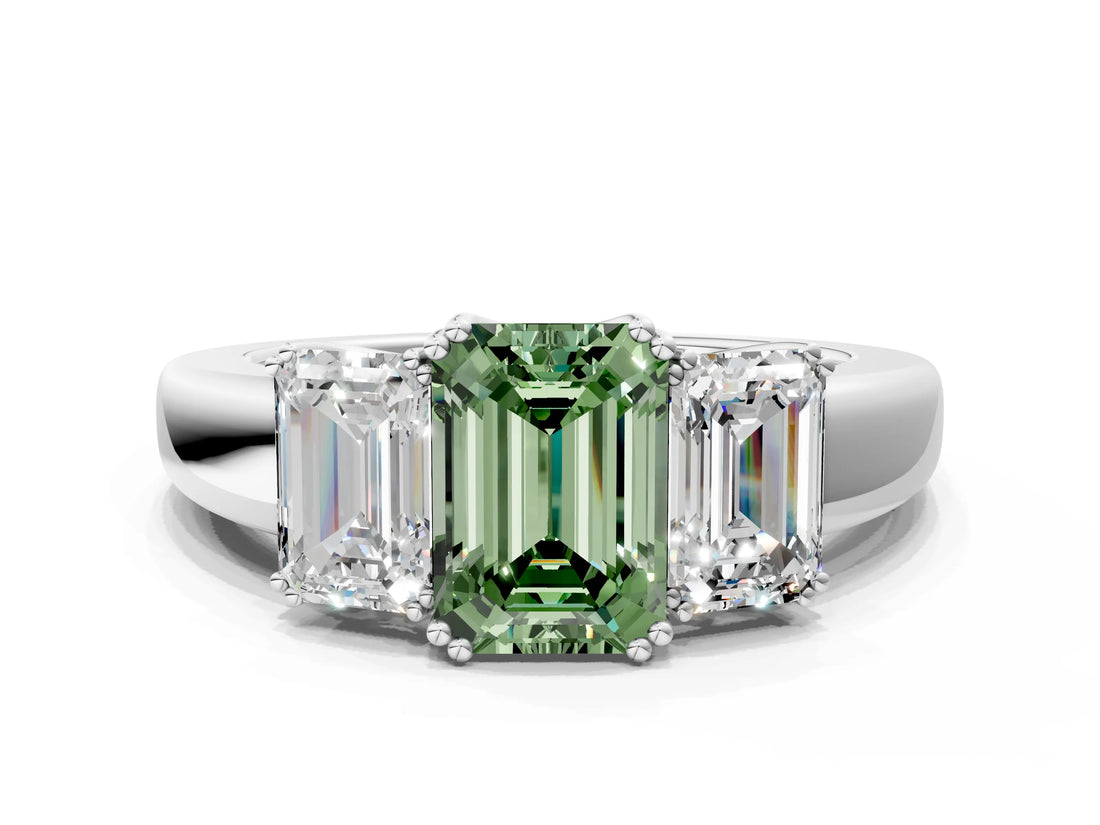 Platinum Three-Stone Fancy Green Emerald Cut Cut Diamond Ring with Channel Set Band and Four-Prong Setting_30