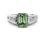 Platinum Three-Stone Fancy Green Emerald Cut Cut Diamond Ring with Trillion Side Stones on a Split Shank Band_30
