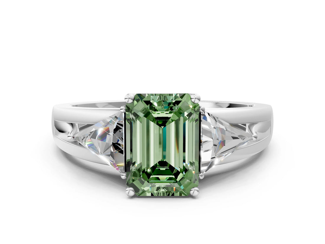 Platinum Three-Stone Fancy Green Emerald Cut Cut Diamond Ring with Trillion Side Stones on a Split Shank Band_84