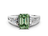 Platinum Three-Stone Fancy Green Emerald Cut Cut Diamond Ring with Trillion Side Stones on a Split Shank Band_84