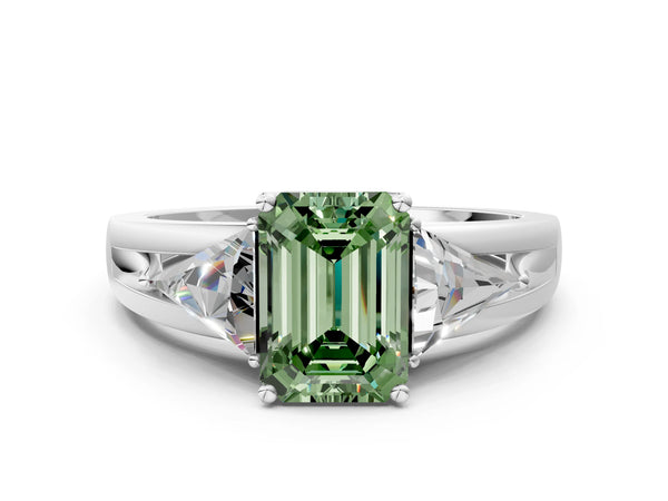 Platinum Emerald Cut Split Shank Three Stone Engagement Ring Setting for Fancy Green Center