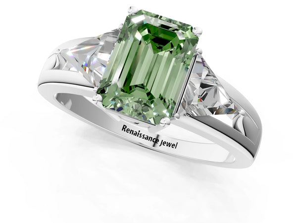 Platinum Emerald Cut Split Shank Three Stone Engagement Ring Setting for Fancy Green Center