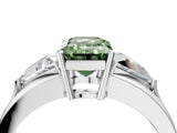 Platinum Three-Stone Fancy Green Emerald Cut Cut Diamond Ring with Trillion Side Stones on a Split Shank Band_88