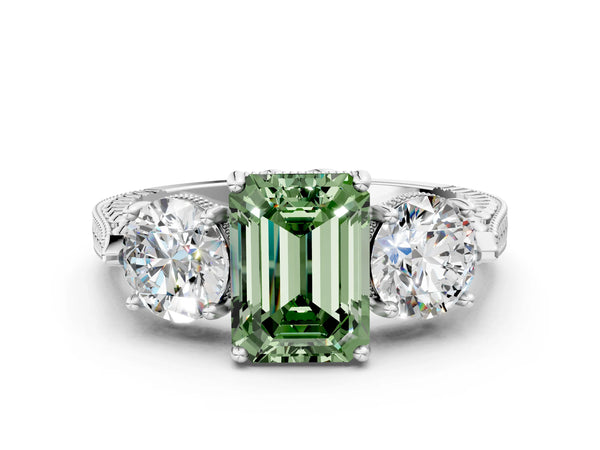 Platinum Emerald Cut Vintage Three Stone Engagement Ring Setting for Fancy Green Center