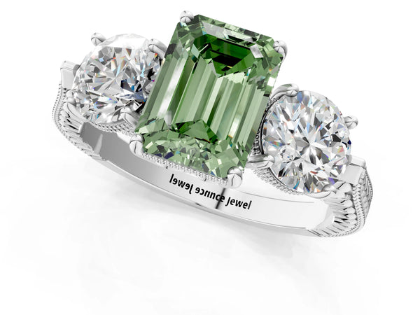 Platinum Emerald Cut Vintage Three Stone Engagement Ring Setting for Fancy Green Center