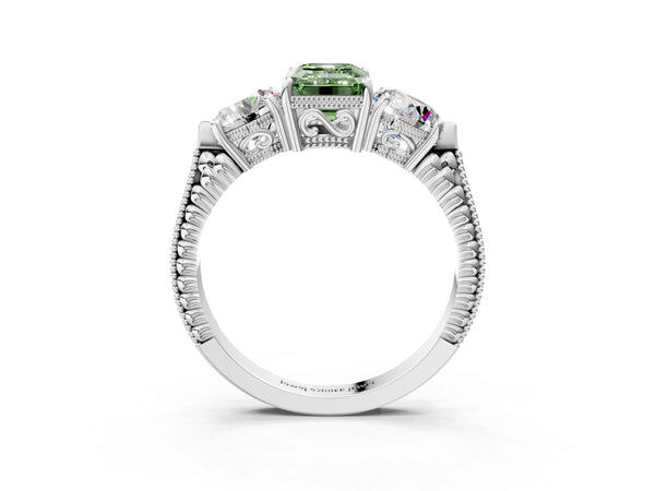 Platinum Emerald Cut Vintage Three Stone Engagement Ring Setting for Fancy Green Center