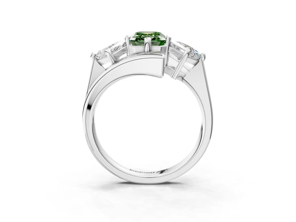 Platinum Three-Stone Fancy Green Emerald Cut Cut Tension Band Ring with Four-Prong Setting