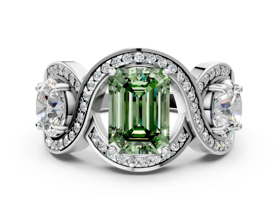 Platinum Three-Stone Fancy Green Emerald Cut Diamond Wave Pave Band with Prong Setting_6