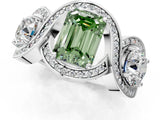 Platinum Three-Stone Fancy Green Emerald Cut Diamond Wave Pave Band with Prong Setting_7