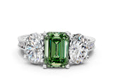 Platinum Three-Stone Fancy Green Emerald  Diamond Milgrain Pave Band with Prong Setting 1