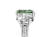 Platinum Three-Stone Fancy Green Emerald  Diamond Milgrain Pave Band with Prong Setting