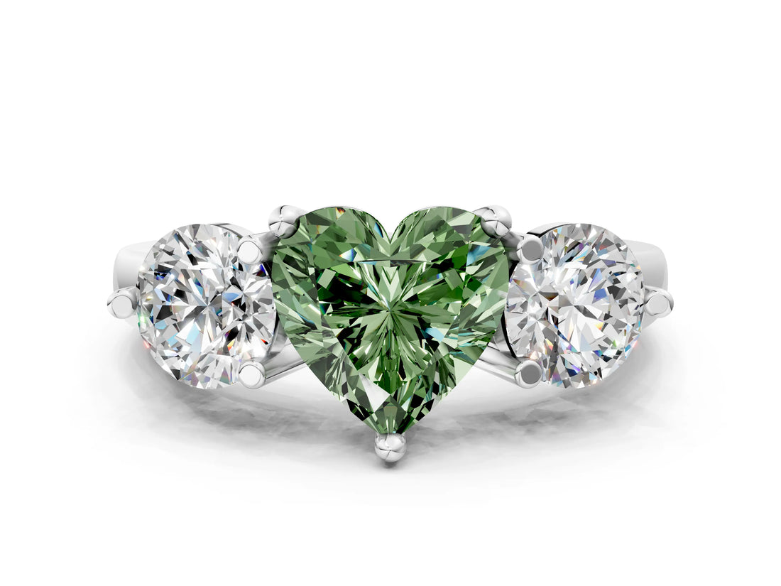 Platinum Three-Stone Fancy Green Heart  Brilliant Cut Solitaire Ring with Prong Setting on a Classic Band