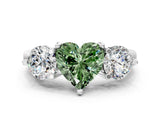 Platinum Three-Stone Fancy Green Heart  Brilliant Cut Solitaire Ring with Prong Setting on a Classic Band
