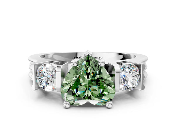 Platinum Three-Stone Fancy Green Heart Cut Classic Band Prong Setting Ring