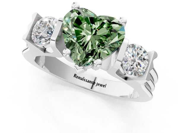 Platinum Three-Stone Fancy Green Heart Cut Classic Band Prong Setting Ring